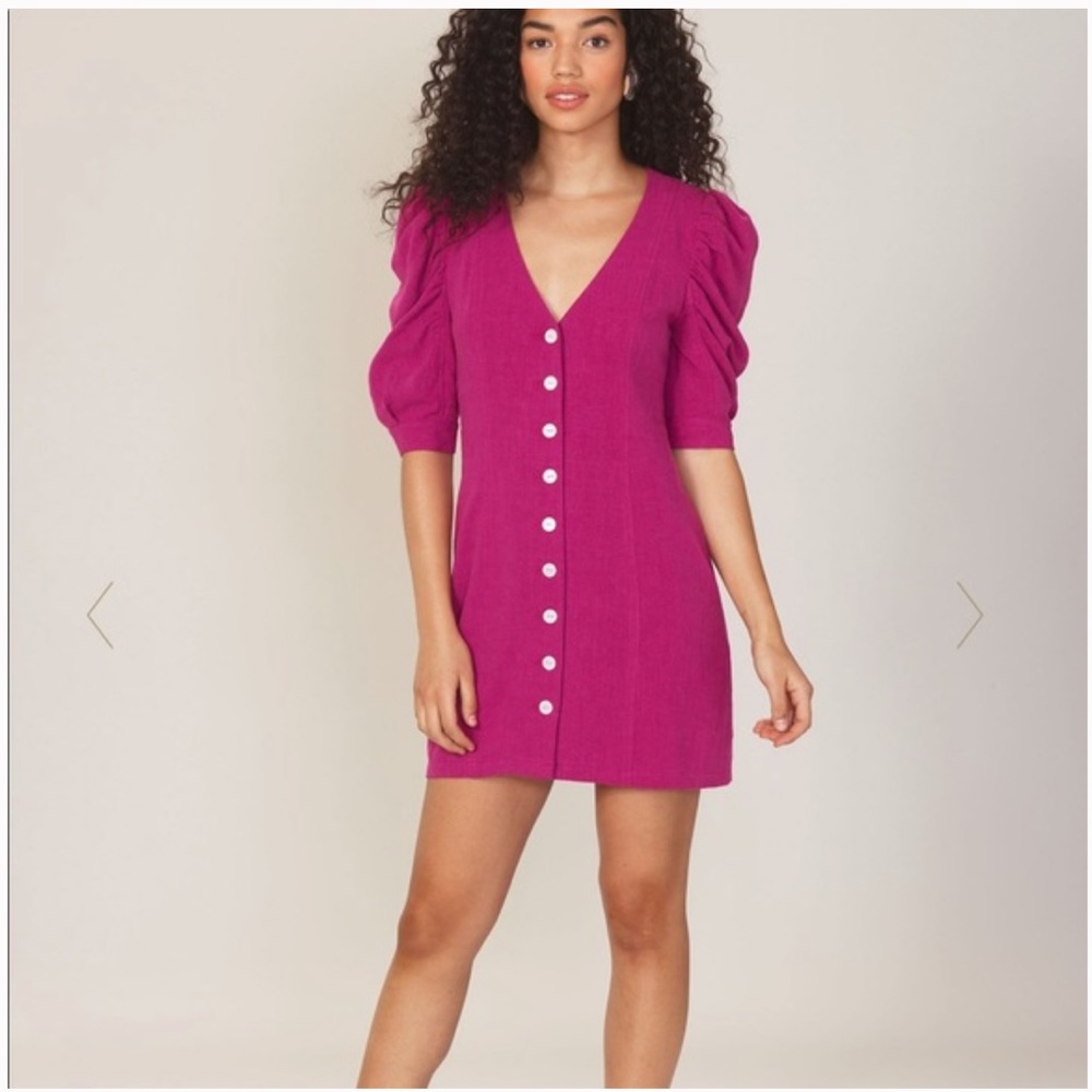 Ellie Mae Studios Fayette dress in magenta with puffy sleeves , size 4